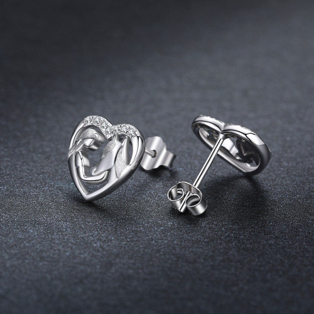 Sterling Silver Cubic Zirconia Horse & Heart Stud Earrings-4
