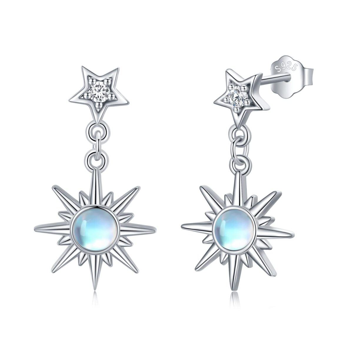 Sterling Silver Circular Shaped Moonstone Moon & Star Drop Earrings-1