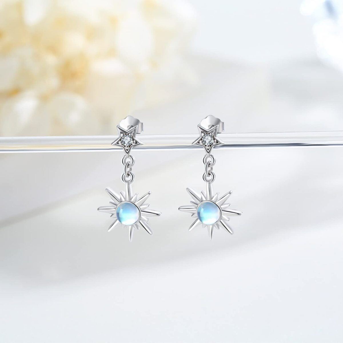 Sterling Silver Circular Shaped Moonstone Moon & Star Drop Earrings-5