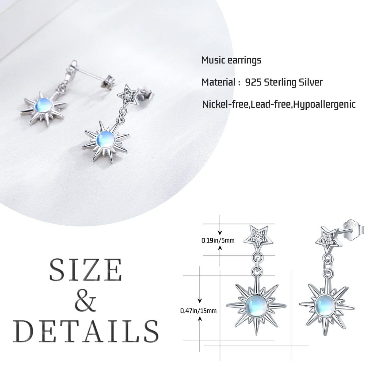 Sterling Silver Circular Shaped Moonstone Moon & Star Drop Earrings-8