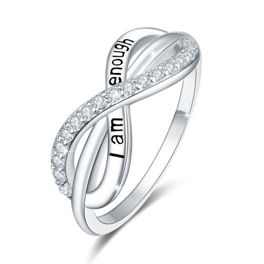 Sterling Zilveren Cubic Zirconia Infinite Symbol Ring met Gegraveerd Woord