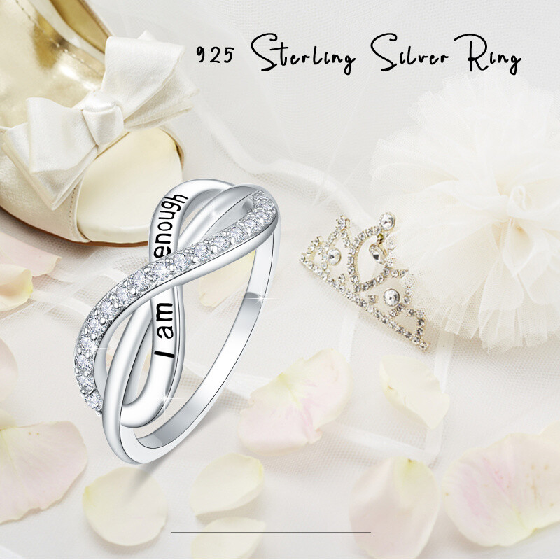 Sterling Silver Cubic Zirconia Infinite Symbol Ring with Engraved Word-5