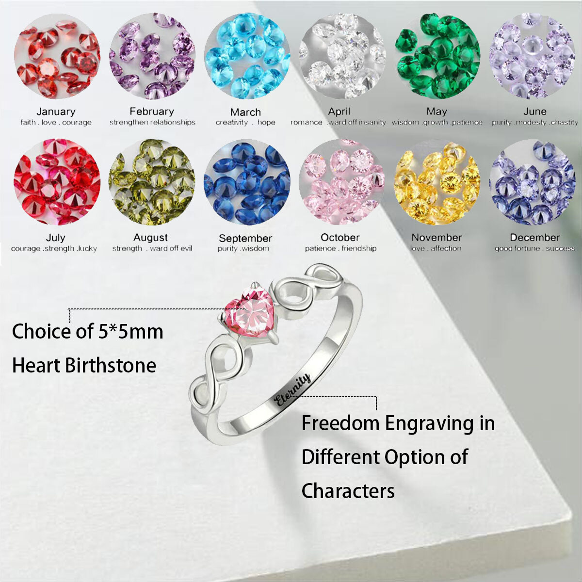 Sterling Silver Cubic Zirconia Infinity Symbol Personalized Engraving & Birthstone Ring-4