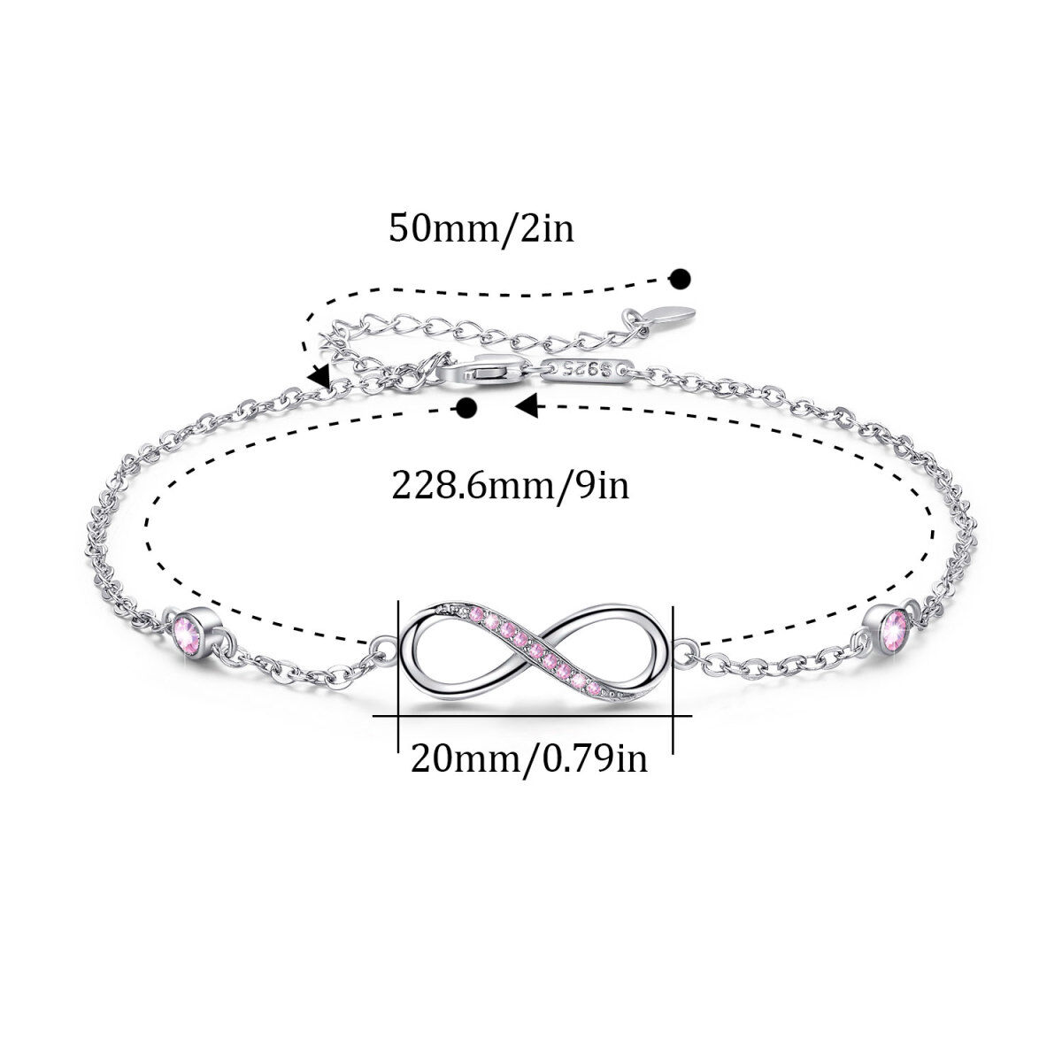 Tornozeleira de prata esterlina com zircónio cúbico e símbolo do infinito de camada única-7