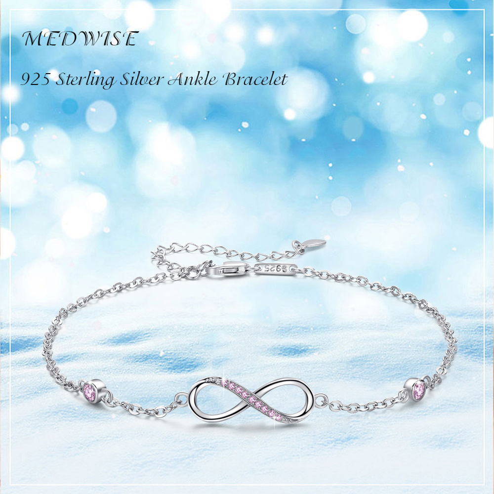 Sterling Silver Cubic Zirconia Infinity Symbol Single Layer Charm Anklet-9