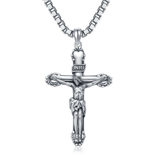 Collana con ciondolo a forma di croce di Inri in argento 925 per uomo con catena a scatola