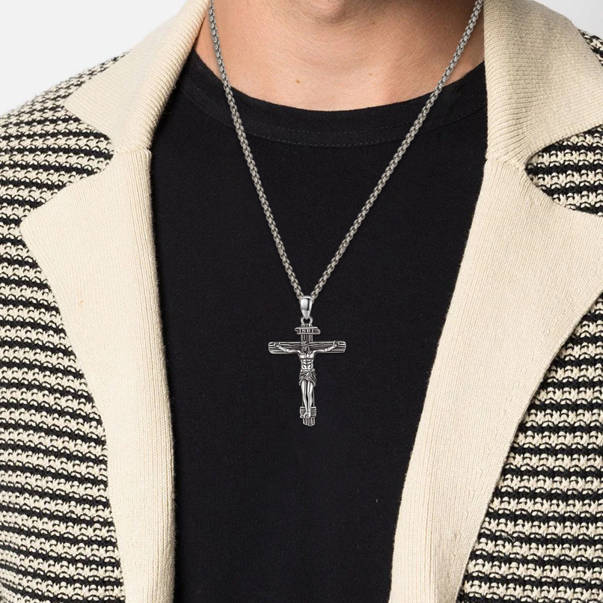 Collier en argent sterling avec pendentif en forme de croix INRI pour hommes-2