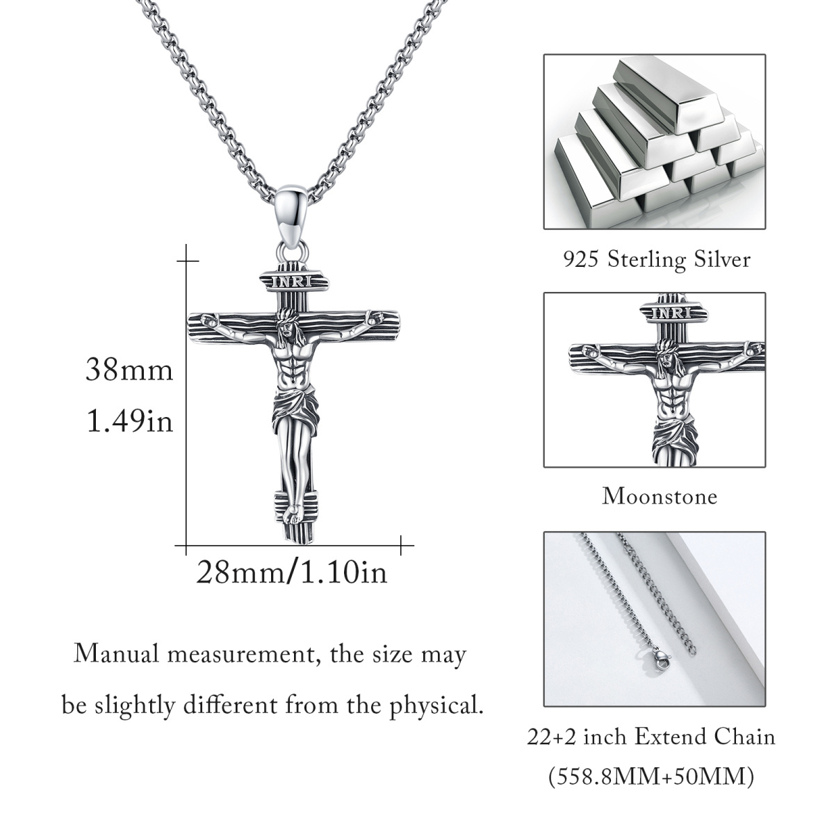 Collier en argent sterling avec pendentif en forme de croix INRI pour hommes-5