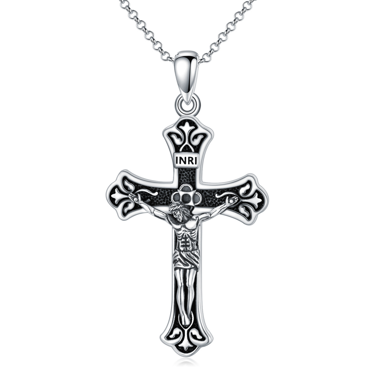 Sterling Silver INRI Cross Pendant Necklace for Men with Rolo Chain-1