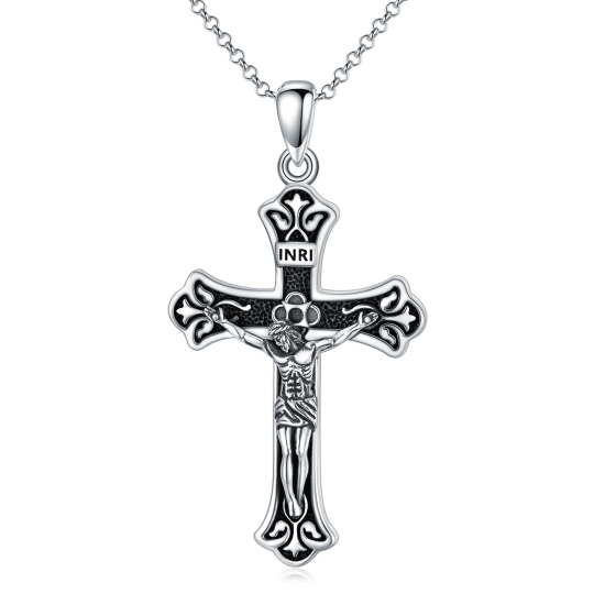 Sterling Silver INRI Cross Pendant Necklace for Men with Rolo Chain