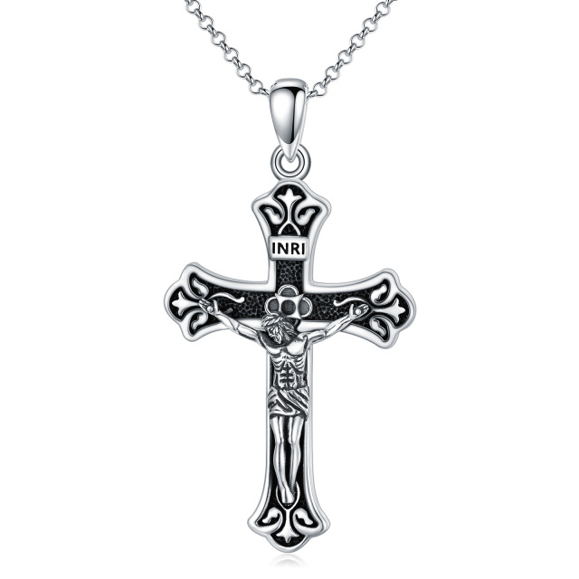 Collar colgante con cruz INRI de plata de ley para hombre con cadena Rolo-1