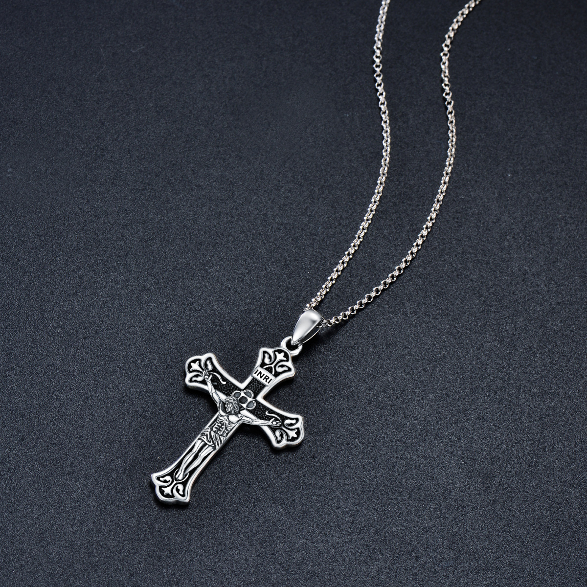 Sterling Silver INRI Cross Pendant Necklace for Men with Rolo Chain-4