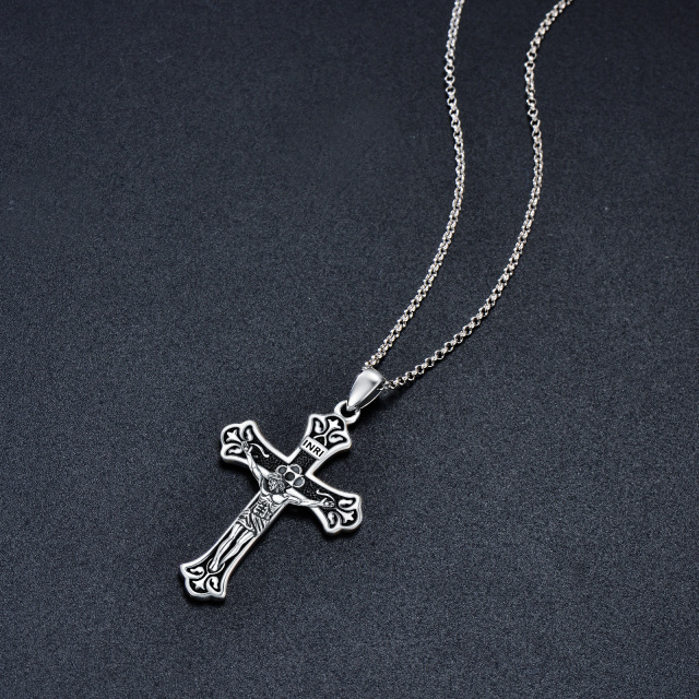 Collar colgante con cruz INRI de plata de ley para hombre con cadena Rolo-4