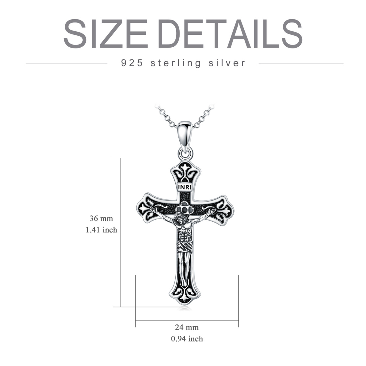 Sterling Silver INRI Cross Pendant Necklace for Men with Rolo Chain-5