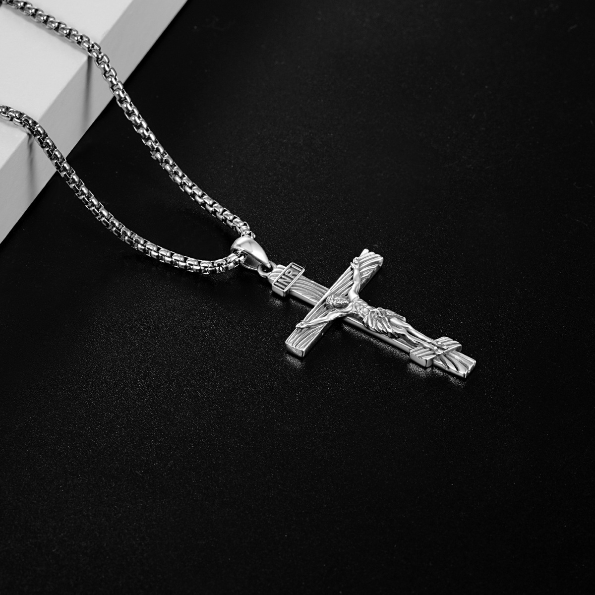 Sterling Silver INRI Jesus Cross Pendant Necklace for Men-2