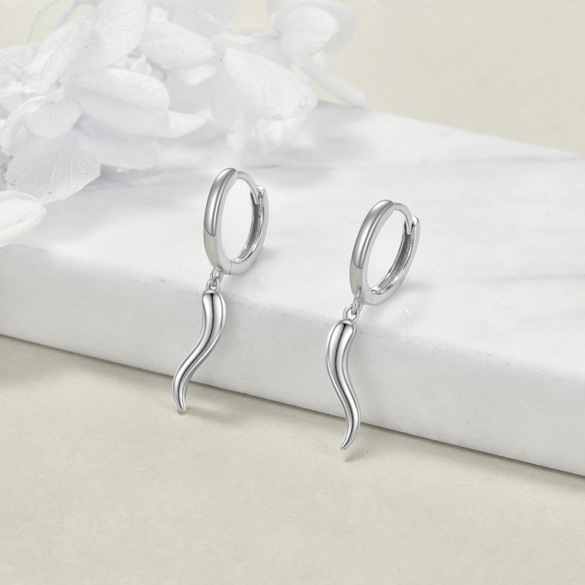 Sterling Silver Italian Horn Drop Earrings-4