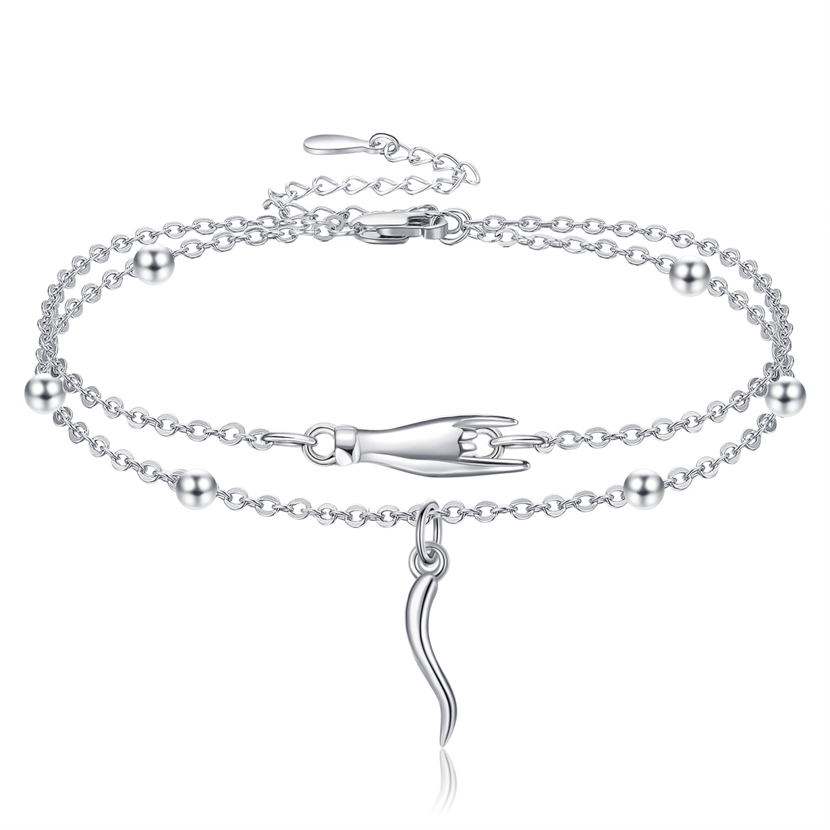 Sterling Silver Italian Horn Multi-layered Anklet-1