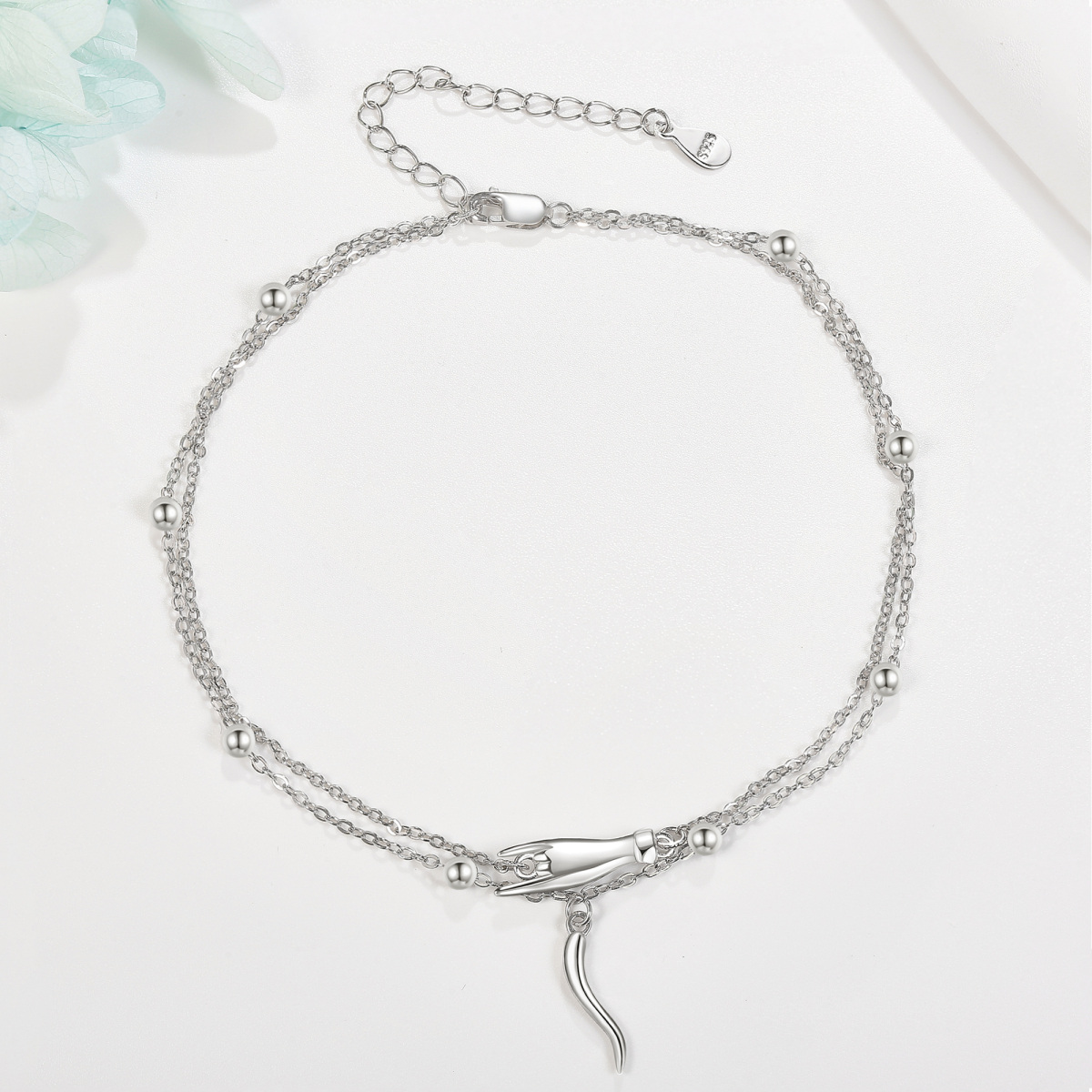 Sterling Silver Italian Horn Multi-layered Anklet-3