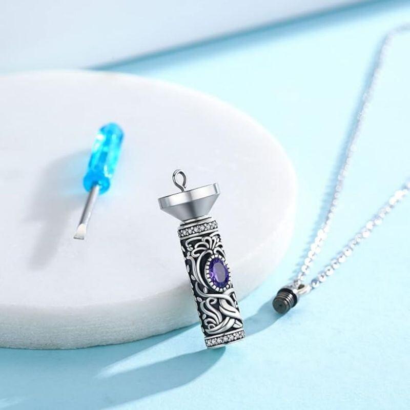 Sterling Silver Cubic Zirconia Ivy & Bar Urn Necklace for Ashes-4