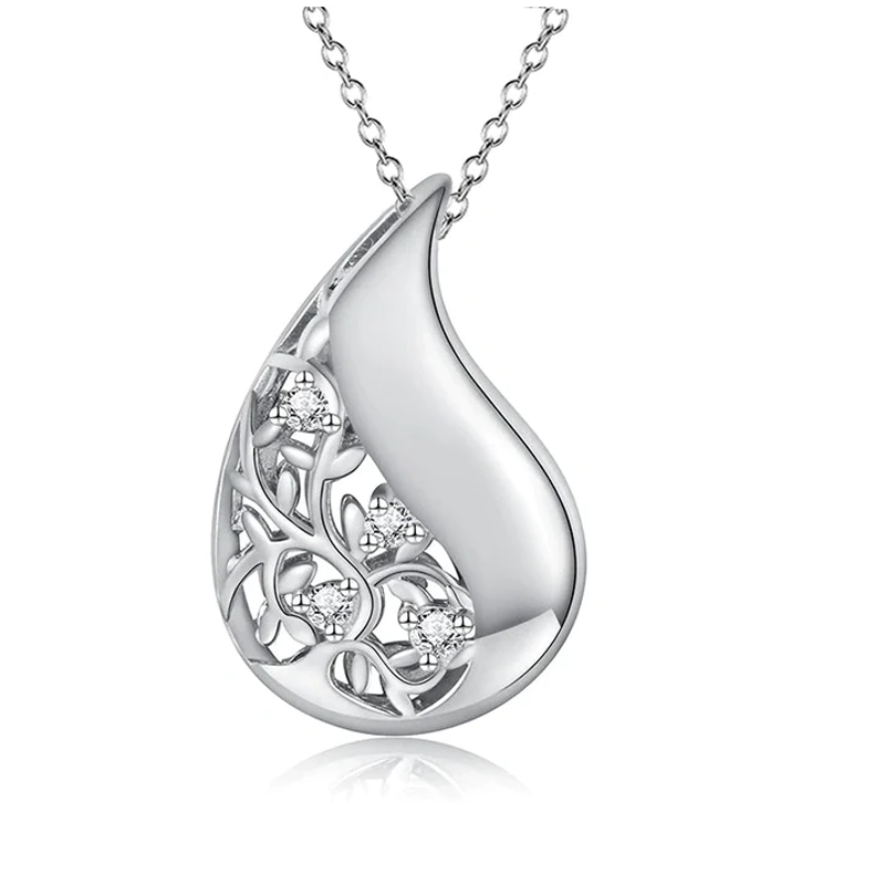 Sterling Silver Cubic Zirconia Ivy & Drop Shape Pendant Necklace-1