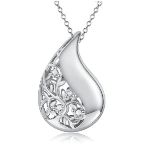 Sterling Silver Cubic Zirconia Ivy & Drop Shape Pendant Necklace-20