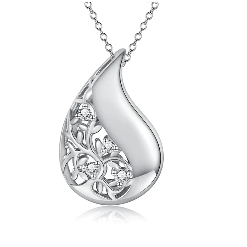Sterling Silver Cubic Zirconia Ivy & Drop Shape Pendant Necklace-18