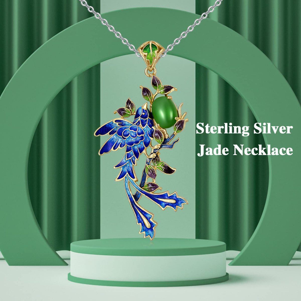 Sterling Silber Jade Vogel Anhänger Halskette -6