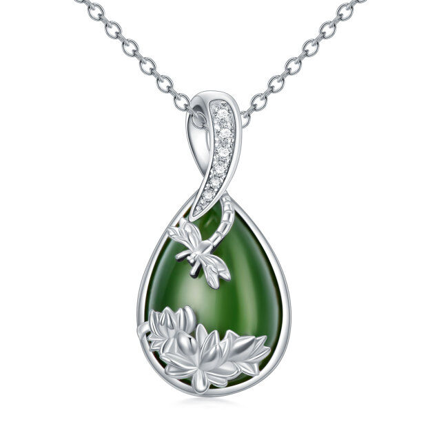 Sterling Silver Jade With Cubic Zirconia Dragonfly Pendant Necklace For Women-1