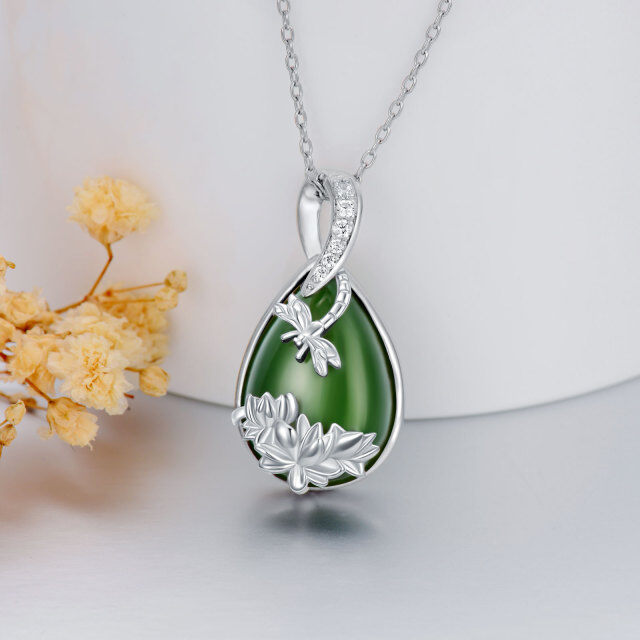 Sterling Silver Cubic Zirconia & Jade Dragonfly & Drop Shape Pendant Necklace-3