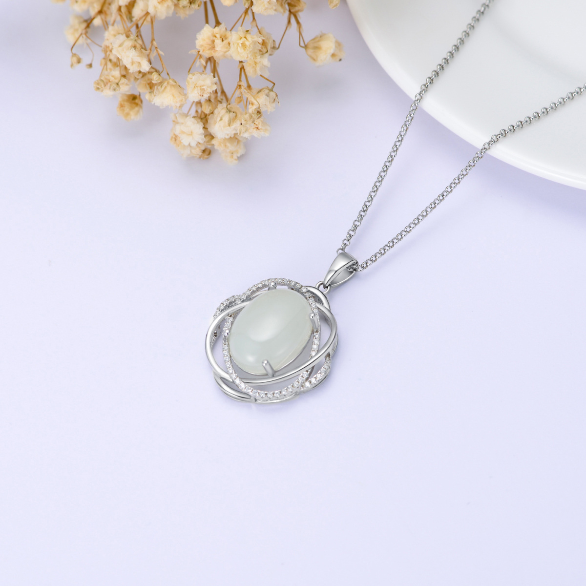 Collana con ciondolo in argento sterling con zirconi e giada-4