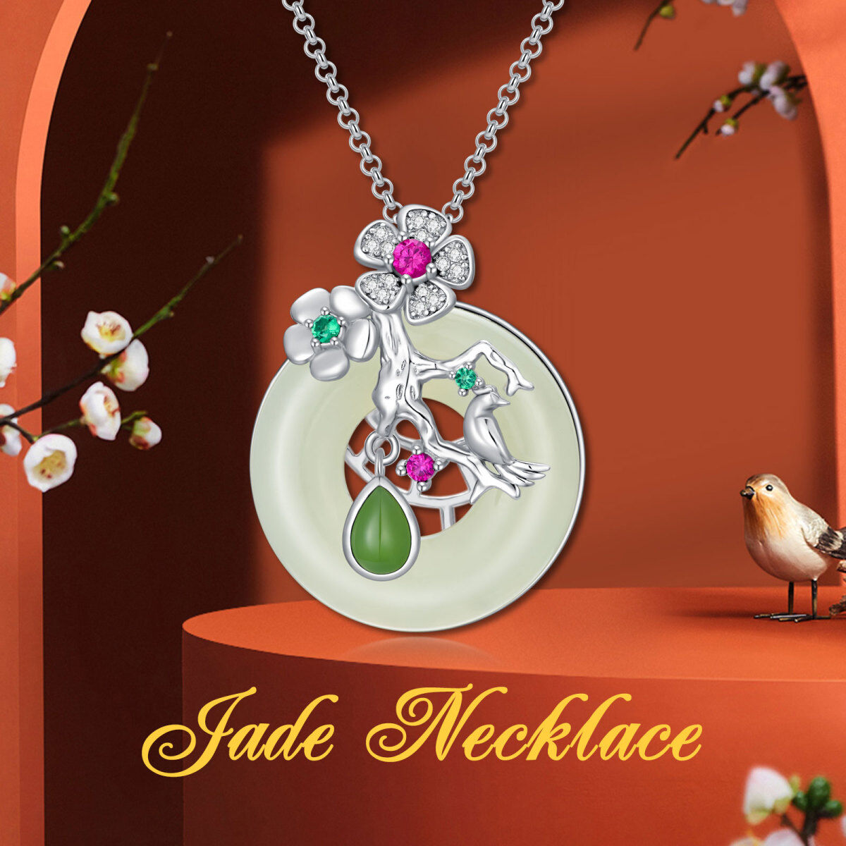 Sterling Silver Jade Round Pendant Necklace-4