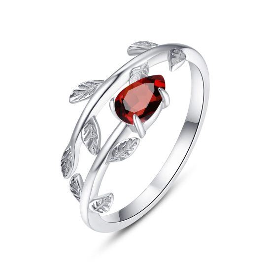 Bague ouverte en argent sterling avec pierre de naissance de janvier et feuilles en oxyde de zirconium cubique-1