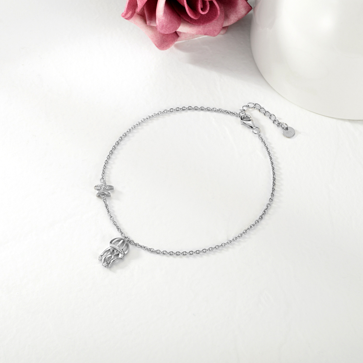 Sterling Silver Jellyfish & Starfish Single Layer Anklet-3