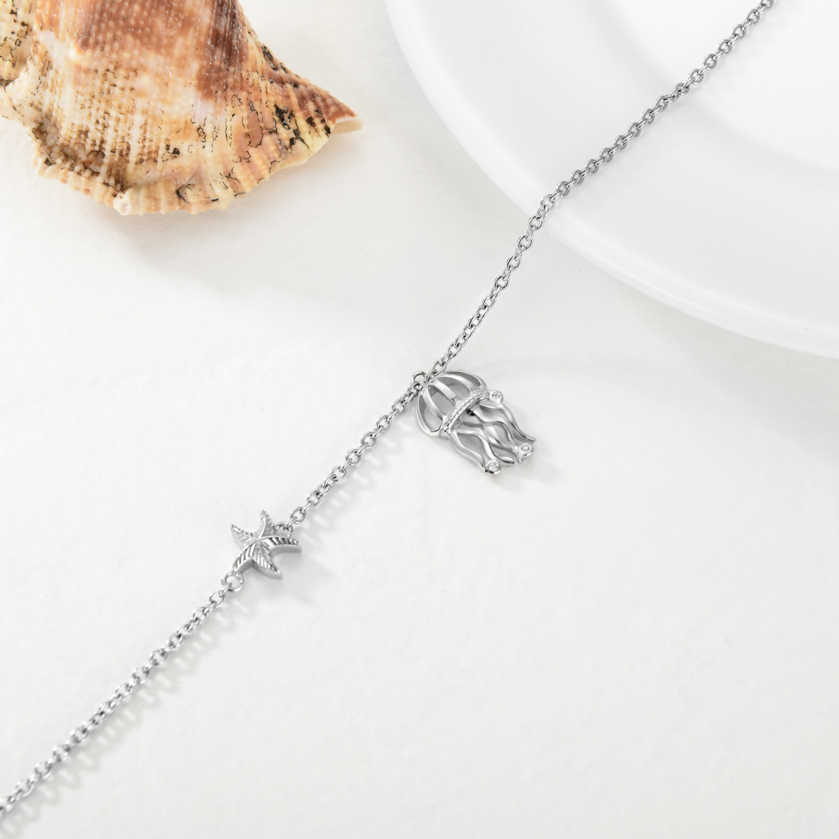 Sterling Silver Jellyfish & Starfish Single Layer Anklet-4