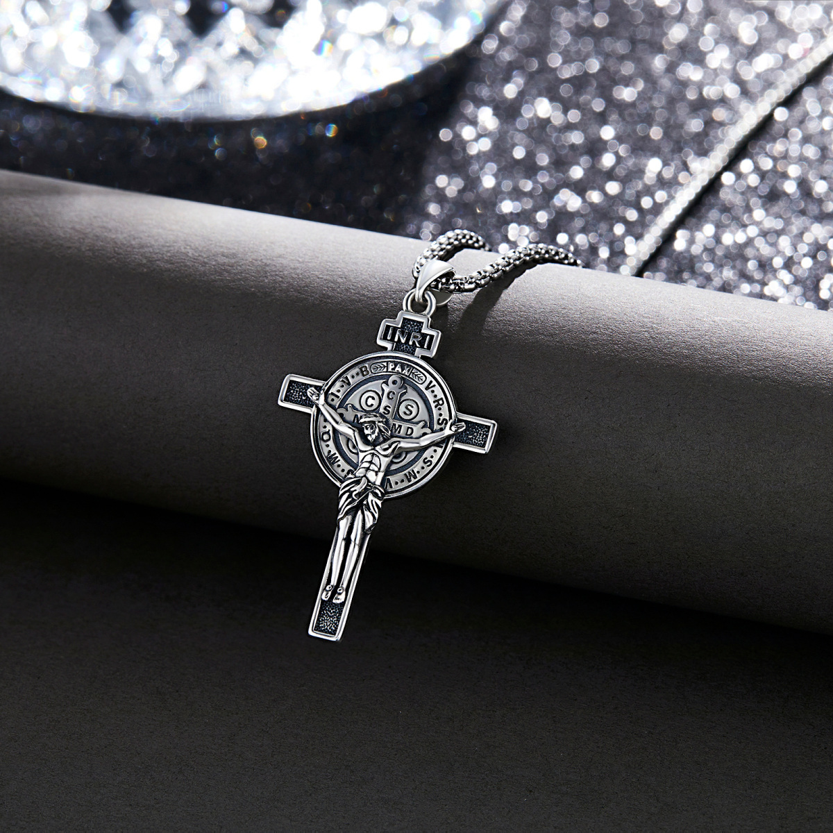 Collar de plata de ley con colgante en forma de cruz de Jesús y Alá para hombre-3