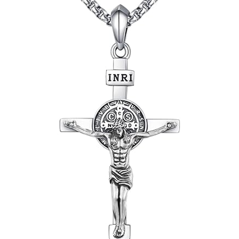 Colar de prata esterlina com pingente de cruz e Jesus para homem-1