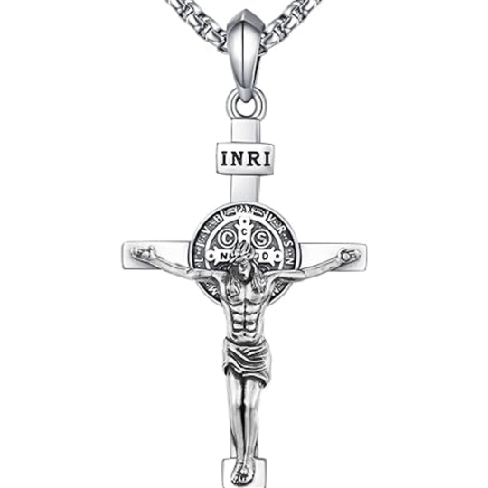 Sterling Silver Cross & Jesus Pendant Necklace for Men