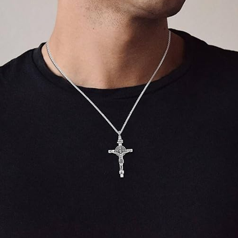 Colar com pingente de cruz de Jesus em prata esterlina para homens-2