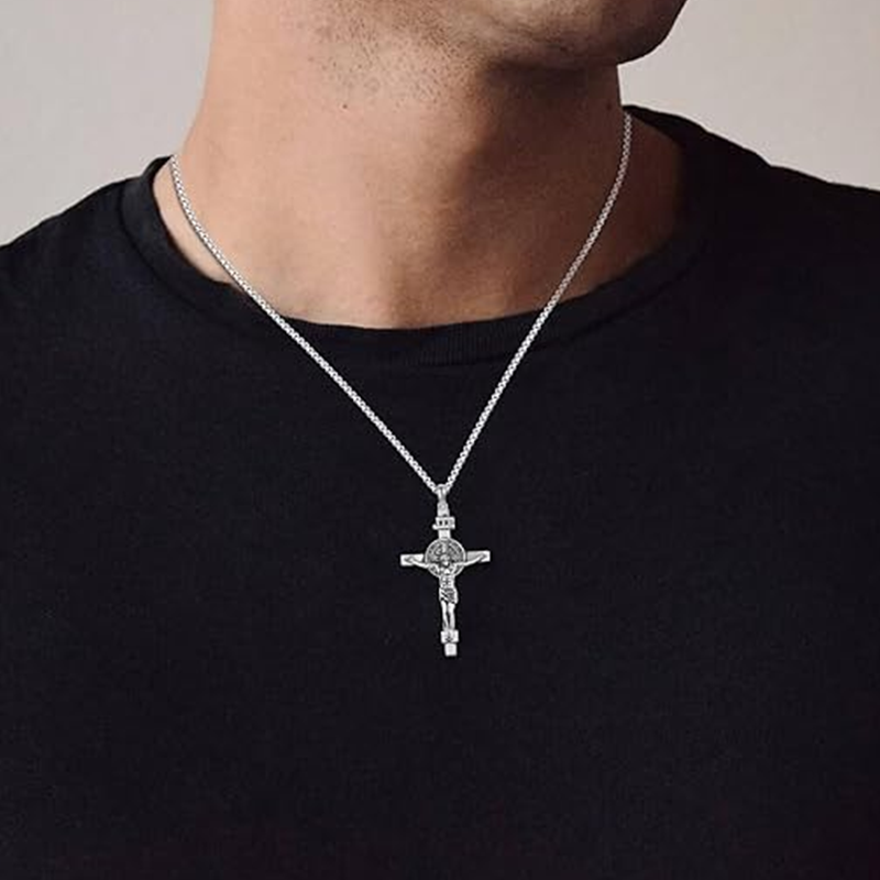 Collar de plata de ley con cruz y colgante de Jesús para hombre-2