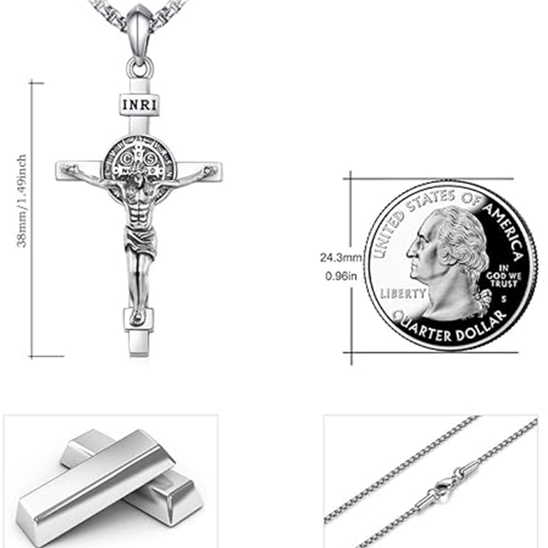 Colar de prata esterlina com pingente de cruz e Jesus para homem-3