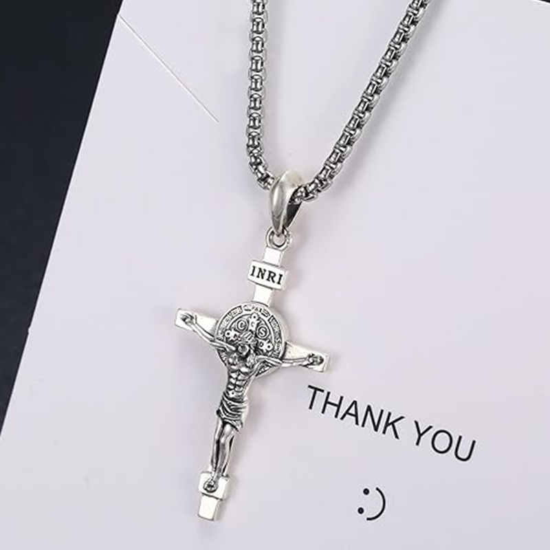 Colar de prata esterlina com pingente de cruz e Jesus para homem-4