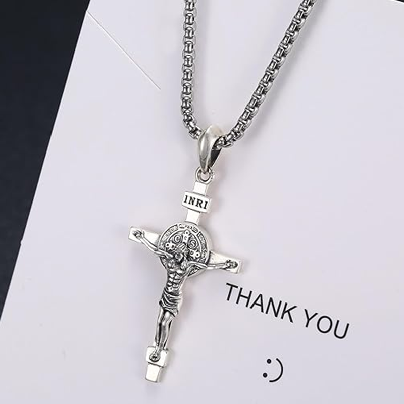 Sterling Silver Cross & Jesus Pendant Necklace for Men-4