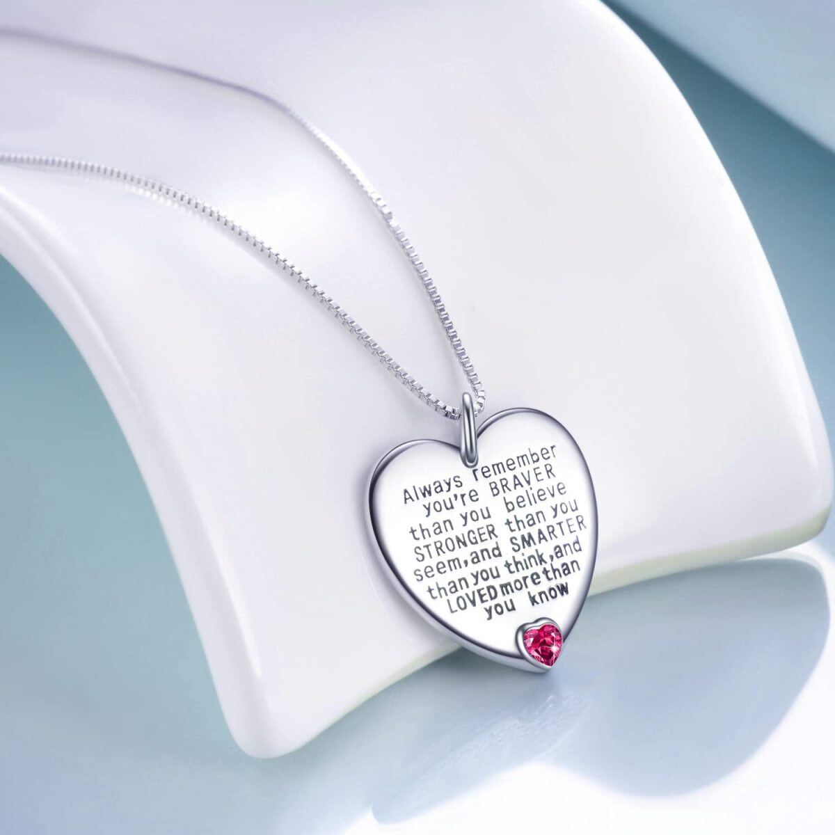 Sterling Silver July Birthstone Cubic Zirconia Heart Pendant Inspirational Necklace-3