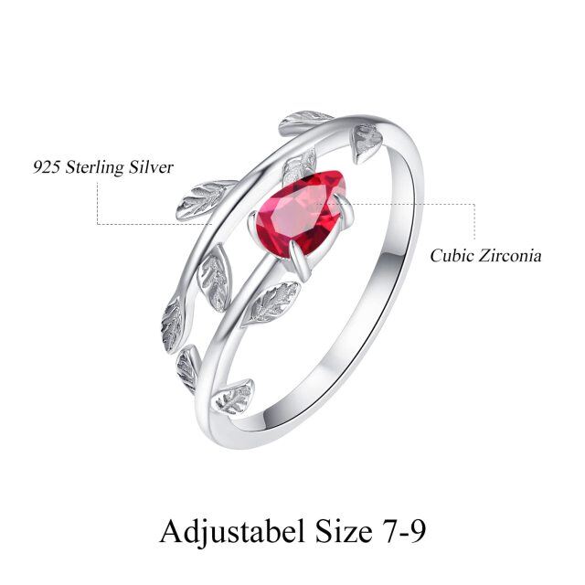 Anello aperto in argento sterling con pietra portafortuna di luglio, a forma di pera e foglie di zirconia cubica-4