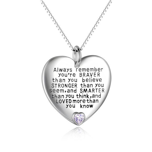 Sterling Silver June Birthstone Cubic Zirconia Heart Pendant Inspirational Necklace-1