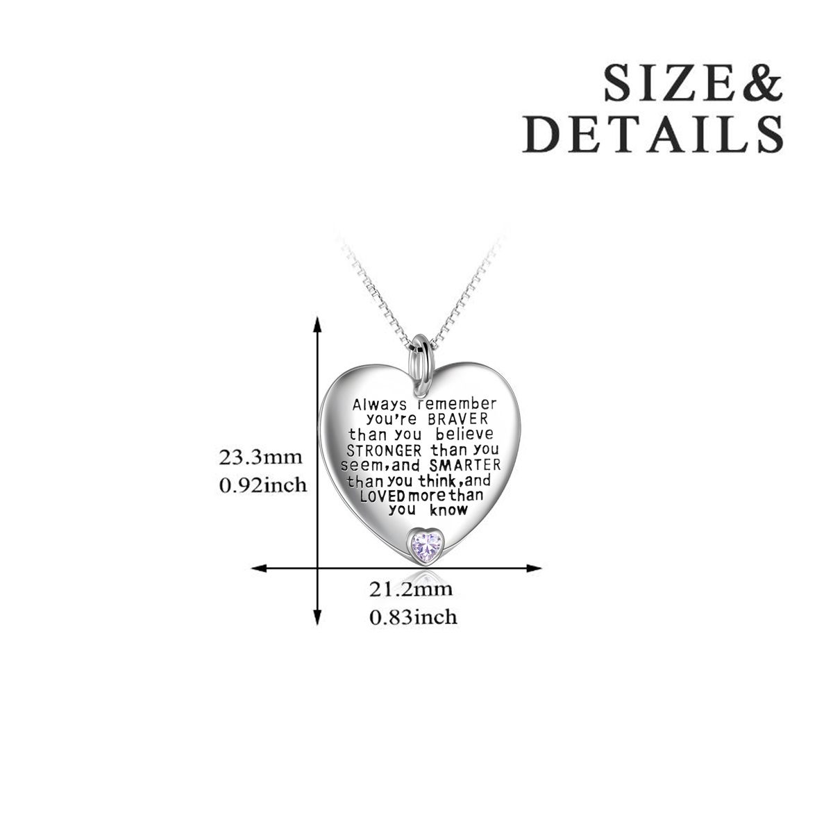 Sterling Silver June Birthstone Cubic Zirconia Heart Pendant Inspirational Necklace-5