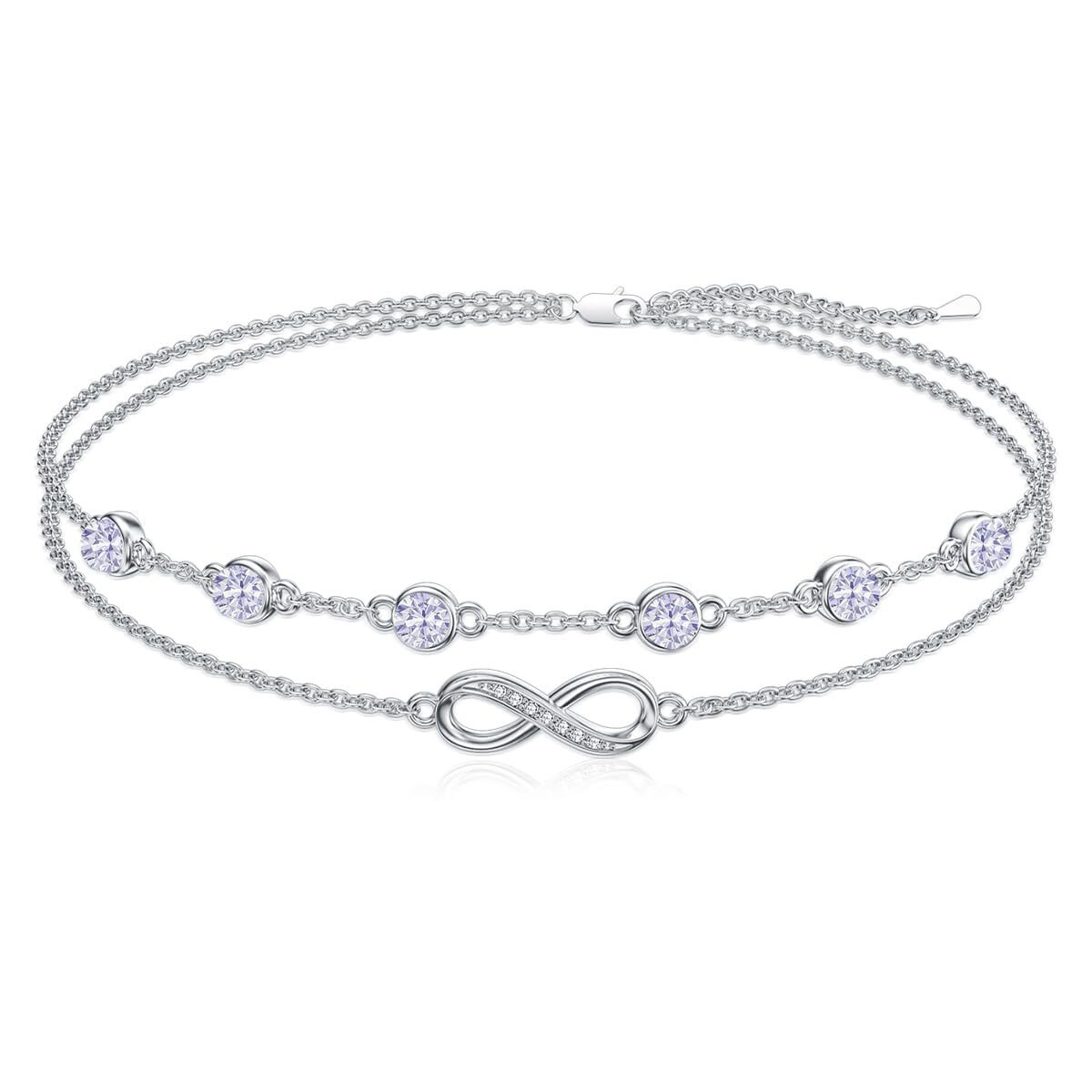 Sterling Silver Cubic Zirconia June Birthstone Infinity Symbol Multi-layered Anklet-1