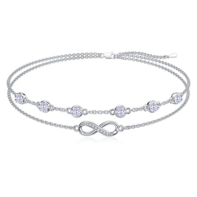 Sterling Zilveren Cubic Zirconia Juni Geboortesteen Infinity Symbool Meerlaagse Enkelband-1