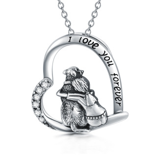 Sterling Silver Heart Shaped Cubic Zirconia Dog & Heart Pendant Necklace with Engraved Word-57