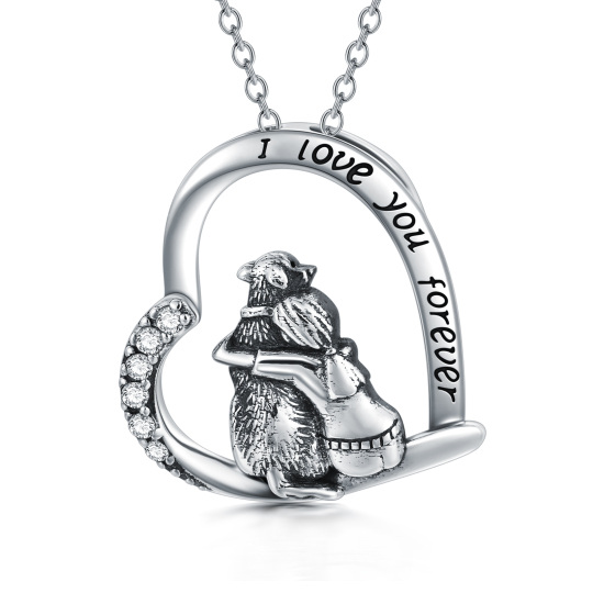 Sterling Silver Heart Shaped Cubic Zirconia Dog & Heart Pendant Necklace with Engraved Word